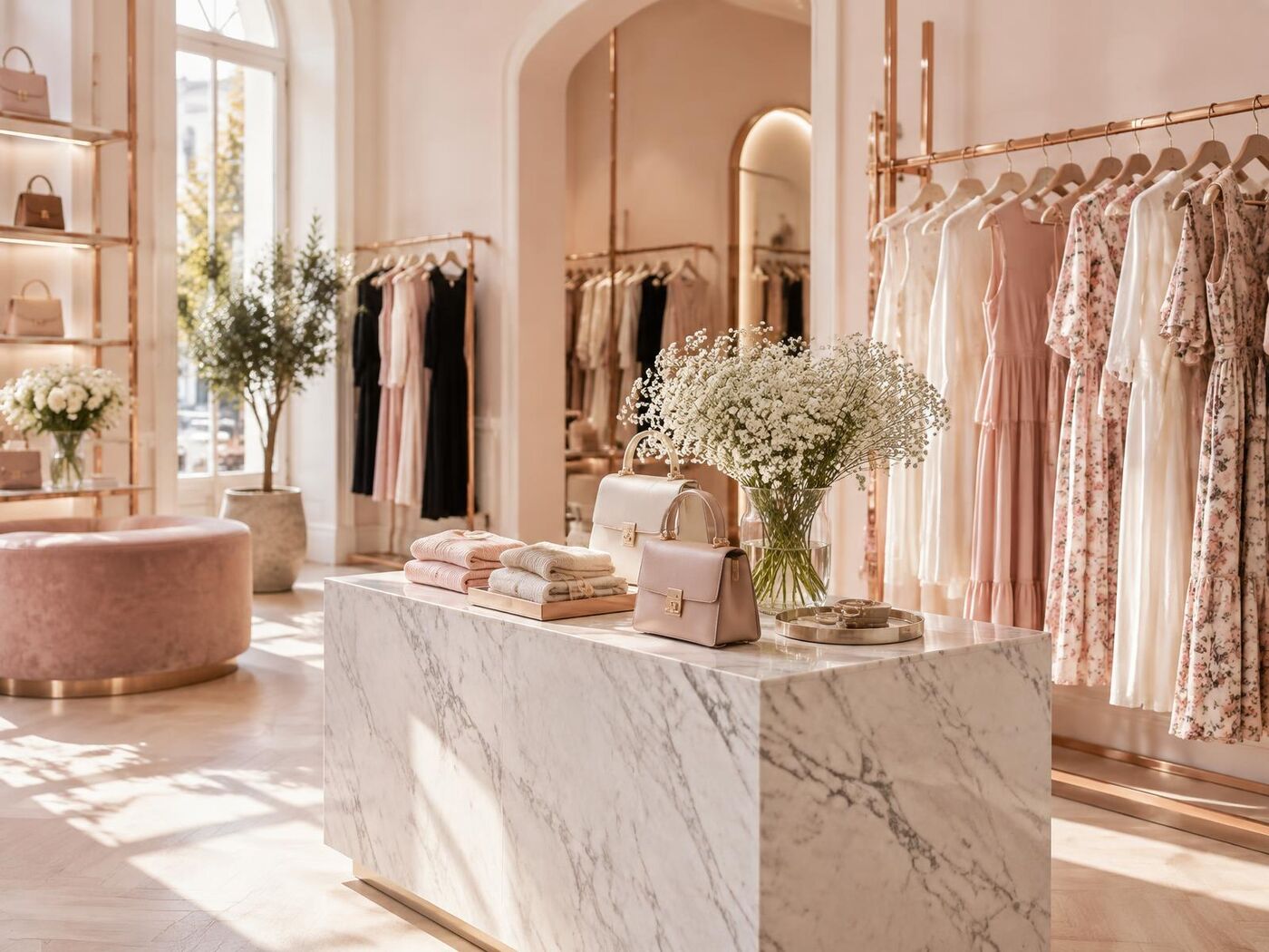 Interior ilustrativo de boutique en tonos rosa